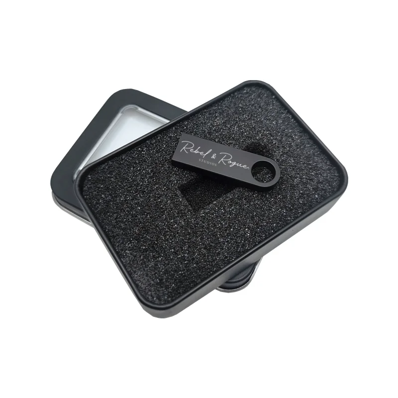 MINI unidad Flash USB 2,0 de Metal negro mate con logotipo de estudio personalizado, 16GB, 32GB, 64GB, 128GB, caja de Metal transparente, 50 unidades por lote - imagen 3