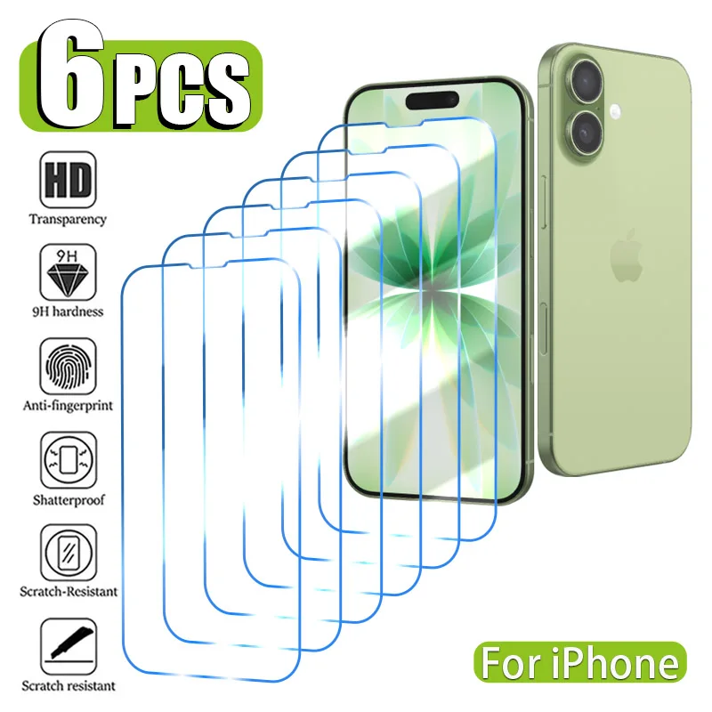 6PCS Vidrio Templado para iPhone 17 16 15 14 13 12 11 Pro Xs Max Protector de Pantalla para iPhone Air 16 15 Plus 13 12 Mini XR SE 2022