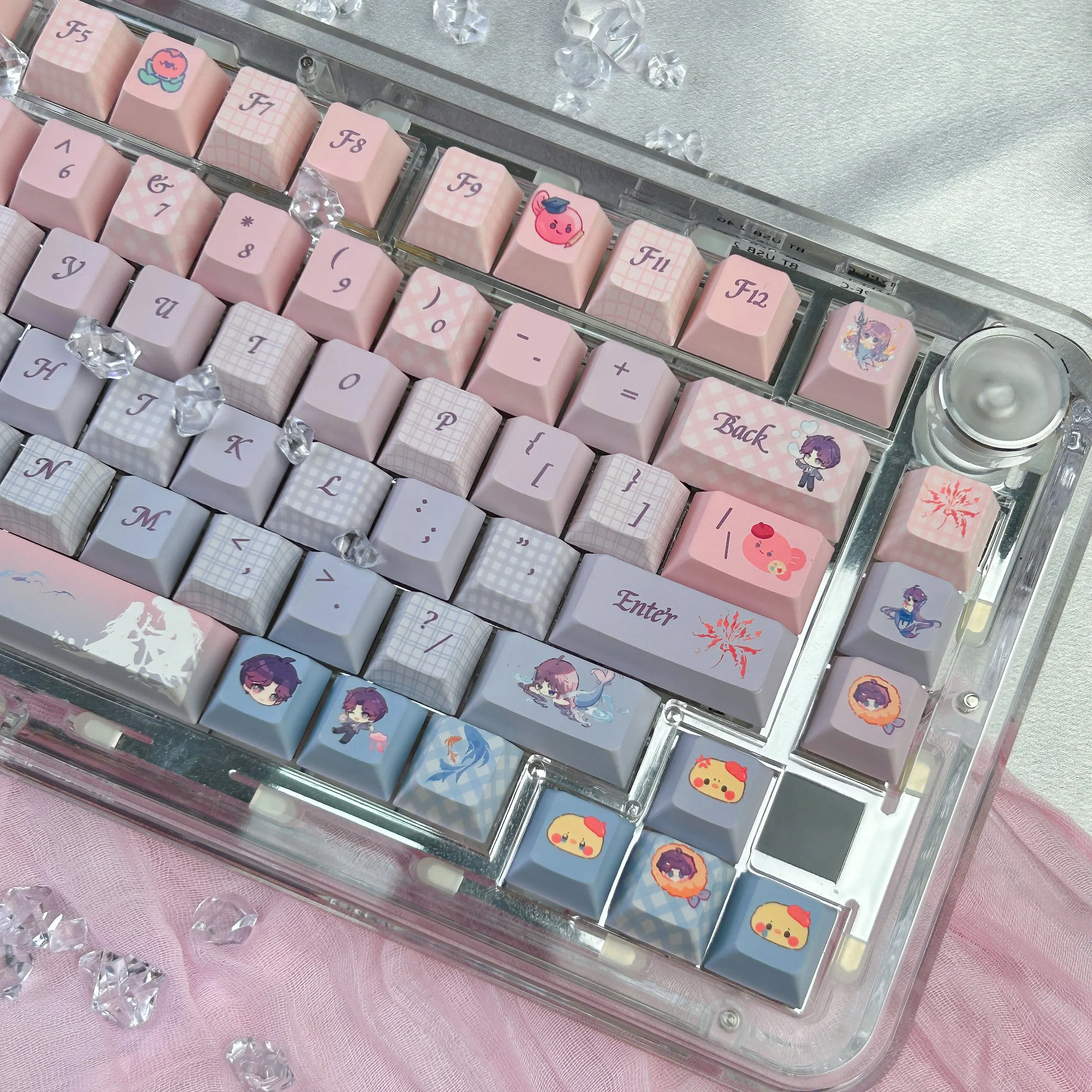 Love and Deepspace-teclas Rafayel, perfil de cereza, rosa, púrpura, gradiente, juego, dibujos animados, versión Q, teclas de teclado PBT - imagen 4