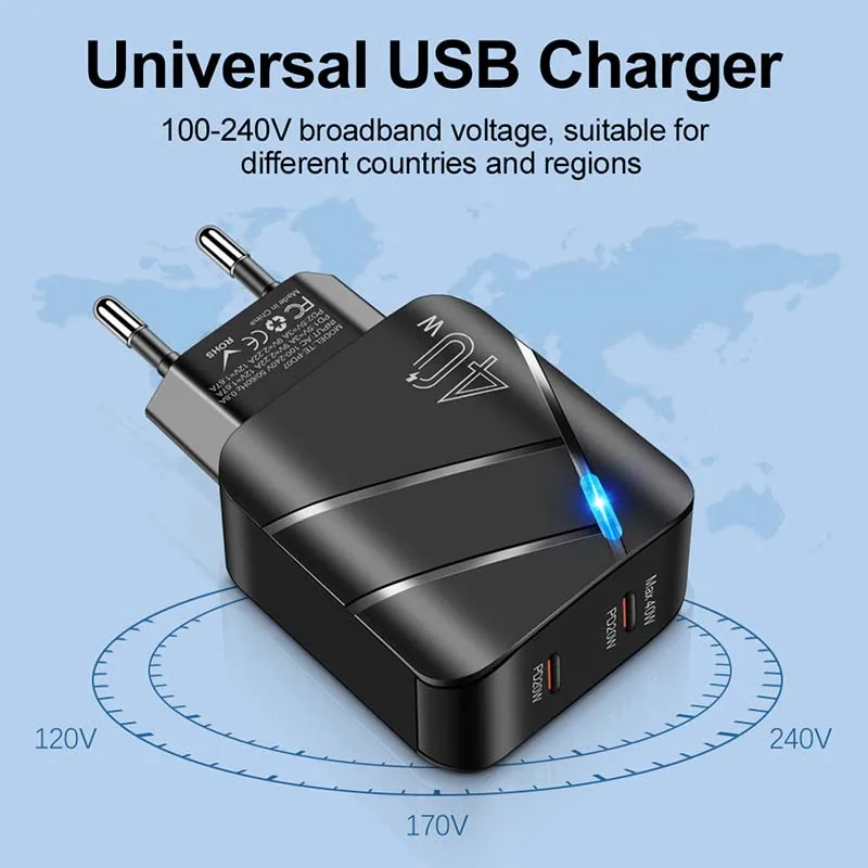 Cargador USB tipo C PD de 40W, adaptador de 2 puertos para iPhone 14, 13, 12, Xiaomi, Samsung, Huawei, QC 3,0, carga rápida - imagen 3