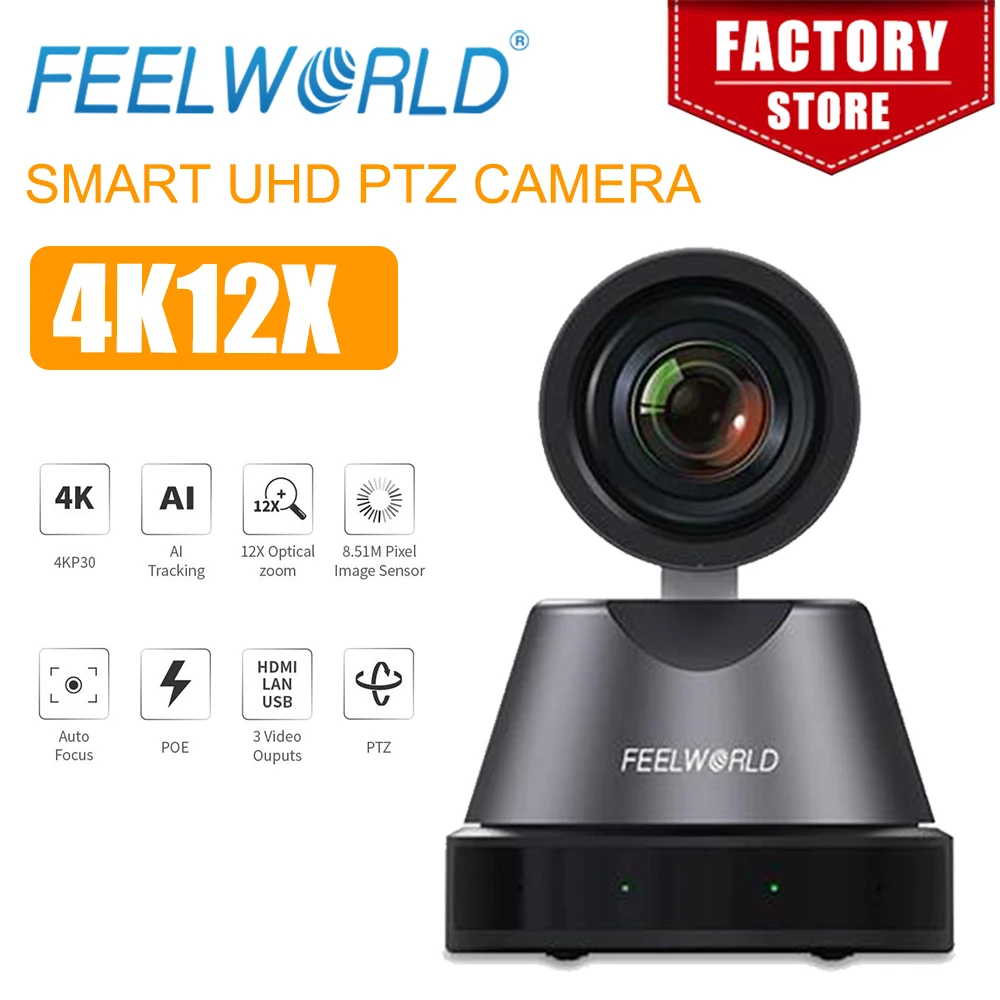 FEELWORLD 4K12X 4K Cámara PTZ 12X Zoom óptico AI Seguimiento HDMI USB IP Control remoto