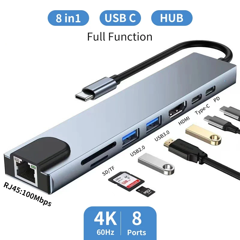 Hub USB tipo C 8 en 1, adaptador HDMI 3,1 a 4K con lector de tarjetas RJ45 SD/TF PD, carga rápida para MacBook, Notebook, ordenador portátil