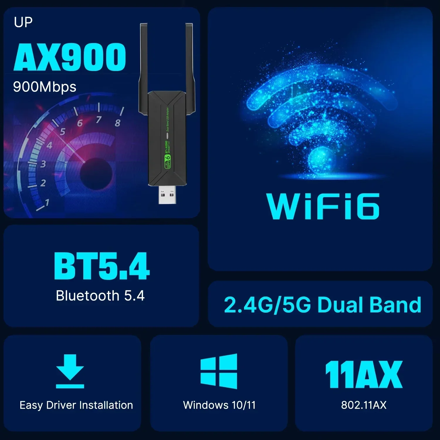 Adaptador WiFi 6 USB Bluetooth 5,4 de 900Mbps 802.11AX banda Dual 2,4 GHz/5GHz Dongle WiFi inalámbrico tarjeta de red compatible con Win 10/11 PC - imagen 2