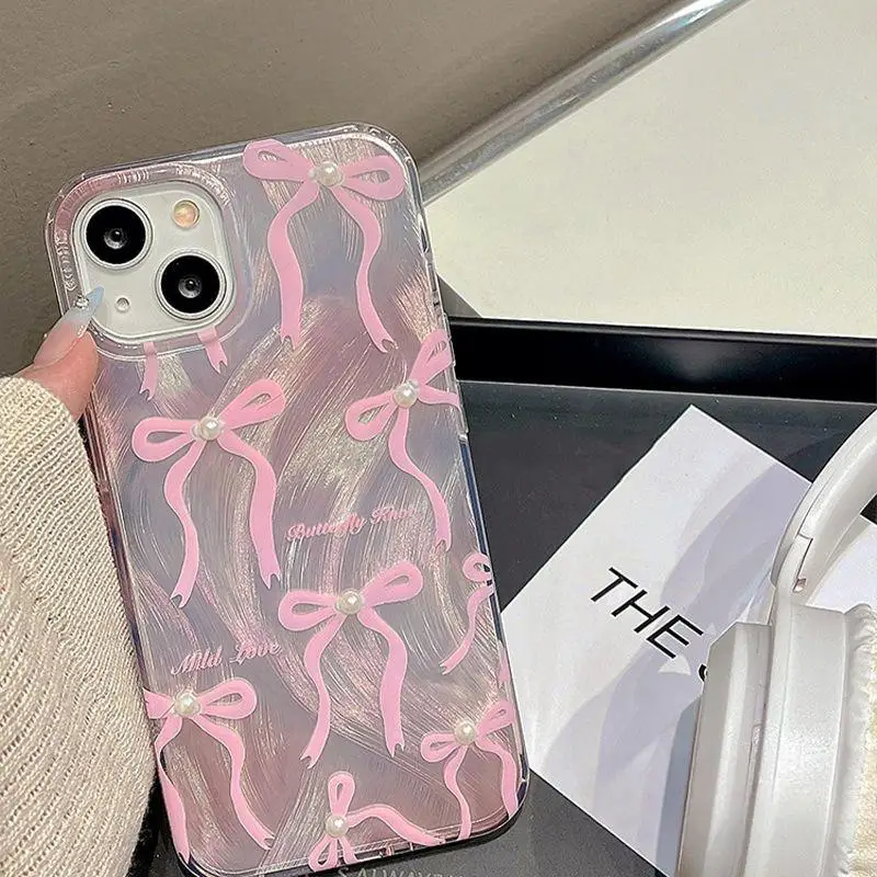 Funda de teléfono con lazo de perla rosa para iPhone 16 Pro Max 15 14 Plus 13 12 Mini 11 Pro X XR 7 8Plus carcasa anticaída a prueba de golpes - imagen 4