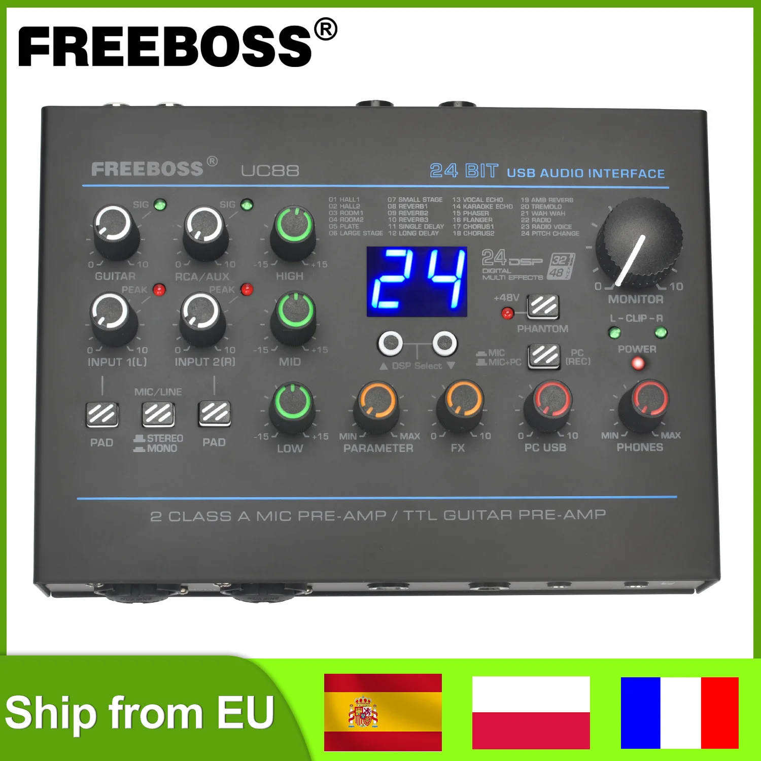 Tarjeta de sonido Freeboss de 24 efectos, grabación EQ de 48KHz, 2 entradas de micrófono XLR, estéreo, PC, 48V, interfaz de Audio externa para guitarra para Mac OS UC88