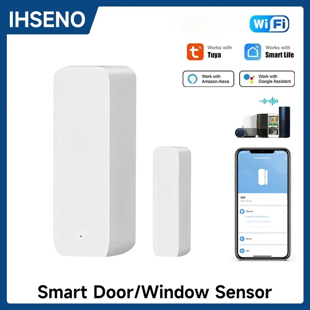 Tuya-Sensor de puerta WiFi, Sensor de ventana, Detector de puerta inalámbrico inteligente para hogar, sistema de alarma de puerta abierta/cerrada para Alexa y Google