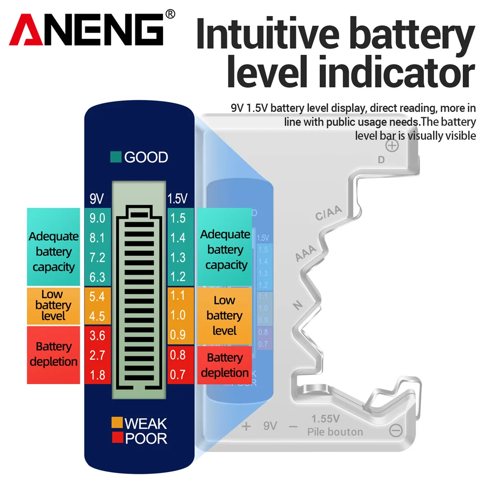 Probador de batería Universal ANENG BT158, comprobador de capacidad de batería Digital AA AAA D N 9V 1,55 V, herramientas de prueba de analizador de carga de pila de botón - imagen 5