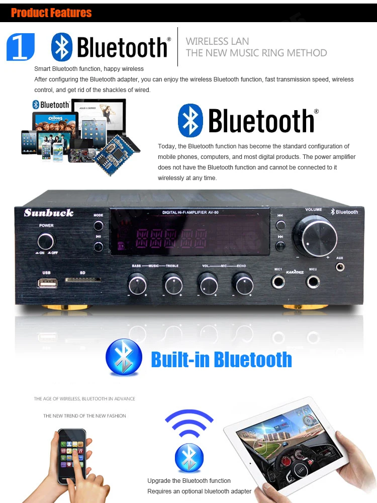 Sunbuck AV-80/298BT 2000W amplificadores estéreo Bluetooth amplificador HiFi profesional de alta potencia con Control remoto FM USB SD 2 entrada de micrófono - imagen 3