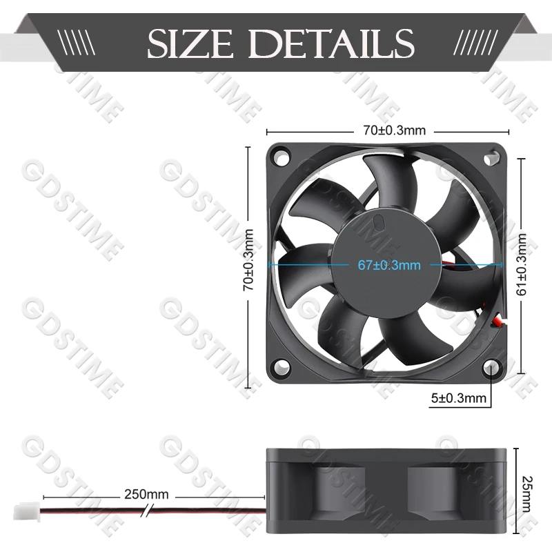Gdstime DC 12V/24V 7025 enfriador sin escobillas 70x25mm carcasa de PC radiador de CPU 7cm caja de ordenador ventilador de refrigeración 70x70mm ventilador Axial de 2 pines - imagen 5