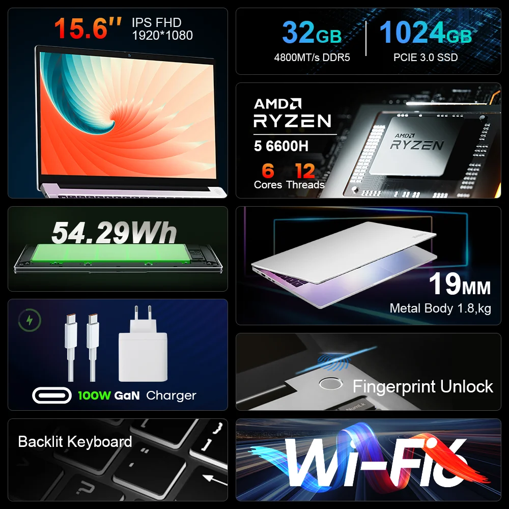 Portátil Ninkear A15 PRO AMD Ryzen ™   5 6600H hasta 4,5 GHz 15.6' FHD IPS 32GB DDR5 1TB SSD WIFI6 teclado retroiluminado Computadora - imagen 3