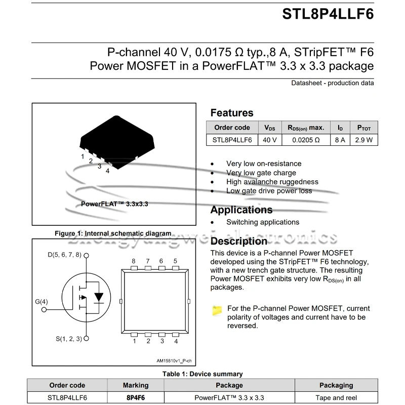 2 uds STL8P4LLF6 PowerFLAT (3,3x3,3) 8P4F6 1 canal P 40v transistor de potencia MOSFET - imagen 2