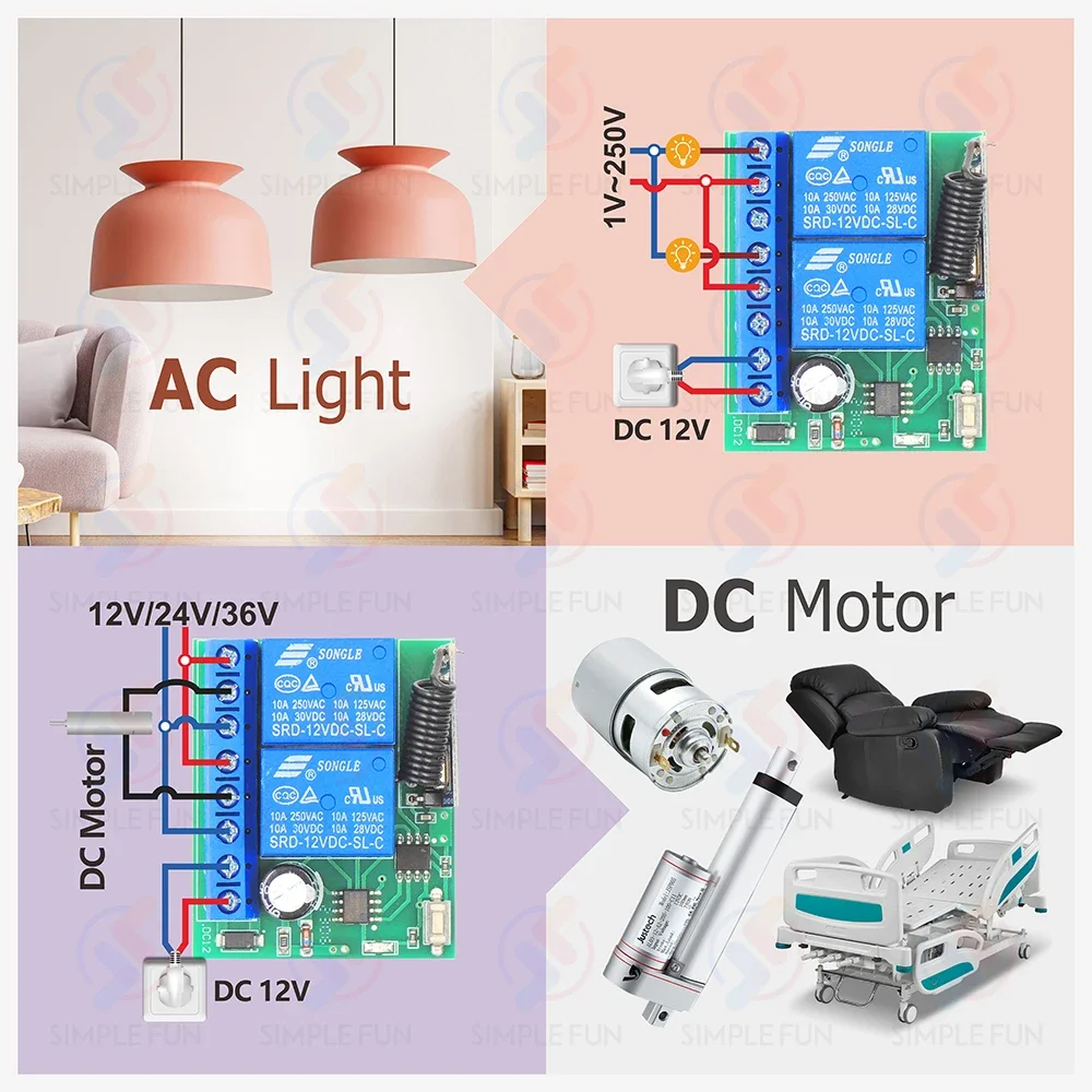 Interruptor de Control remoto inalámbrico Universal, 433MHz, CC de 12V, 2 canales, relé de luz de Motor, transmisor de código de aprendizaje para luz/puerta/Motor/DIY - imagen 4
