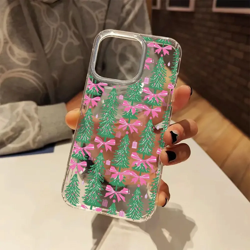 Funda de teléfono transparente estética con lazo rosa y árbol de Navidad para iPhone 17 16 11 13 15 14 12 Pro Max Plus XS X 7 8 16 SE2