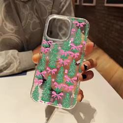 Funda Transparente iPhone con Lazo Rosa y Árbol Navidad