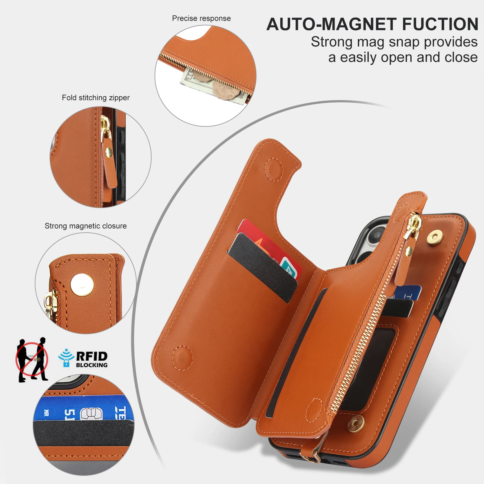Funda de cuero tipo billetera Solt con múltiples tarjetas y cremallera para iPhone 16 Pro Max 15 Plus 14 13 12 11 XS XR, funda para bolso de bolsillo con correa de mano - imagen 5