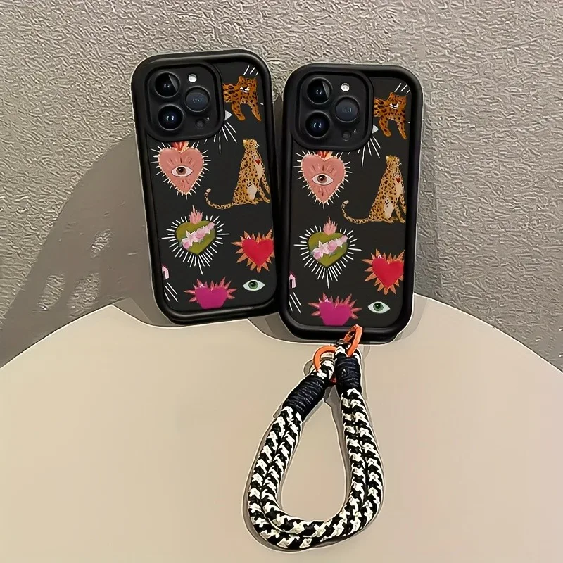 Funda de teléfono con correa colgante y estampado de flores y ojos de leopardo para iPhone 11 12 13 14 15 16 17 Pro Max X XS XR 7 8 Plus 16E 17Air, funda suave - imagen 5