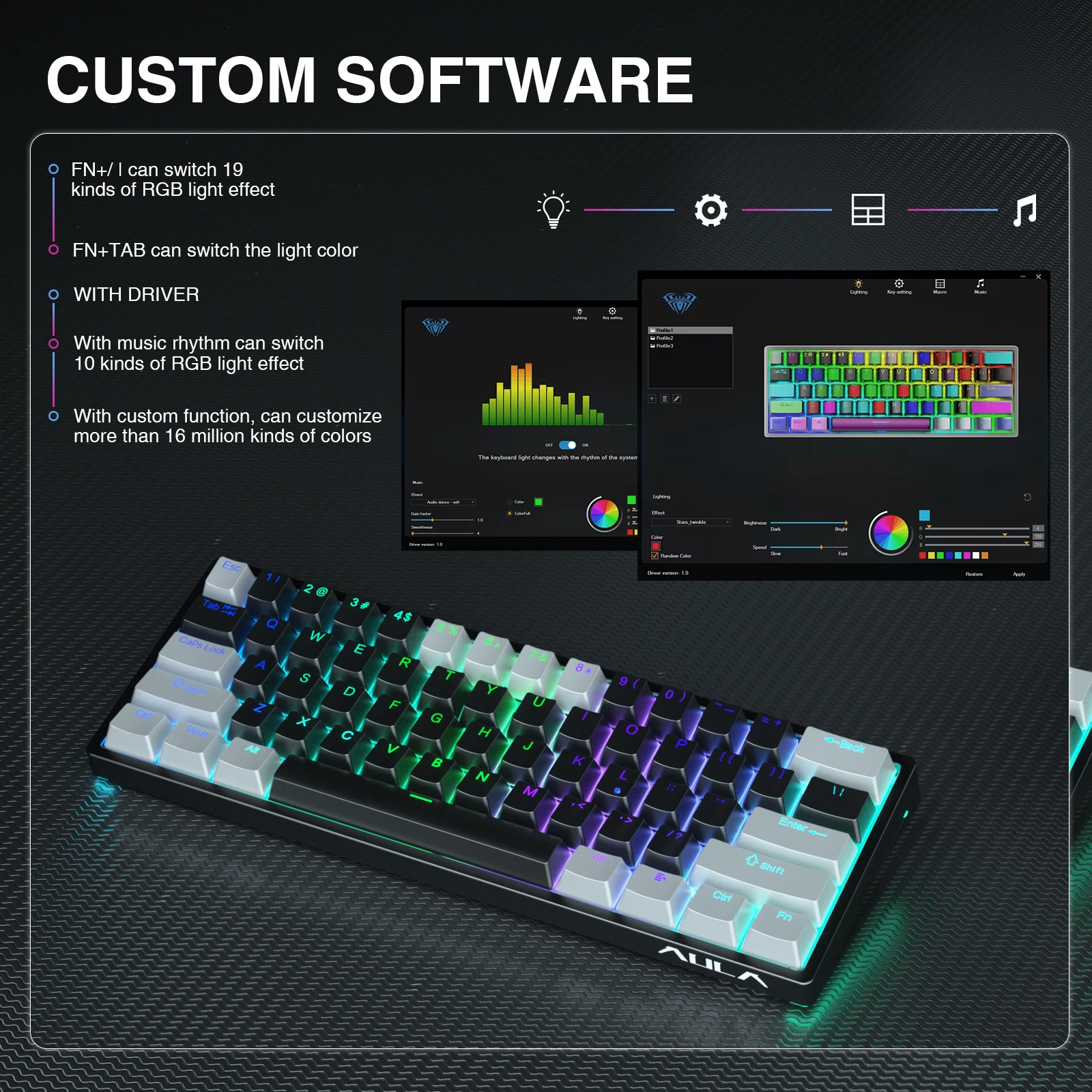 AULA F3261 Teclado mecánico con cable de 61 teclas, teclado para juegos intercambiable en caliente, Software personalizado para tableta, portátil, diseño 60% retroiluminado RGB - imagen 5
