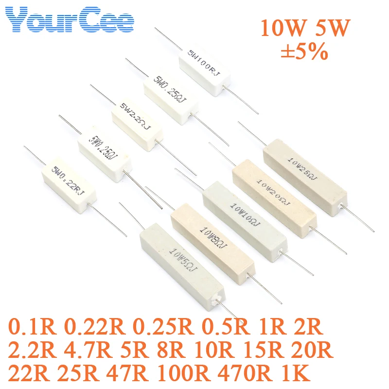 10 uds/5 uds 5W 10W resistencia bobinada de cerámica 0,1 0,22 0,15 0,5 2 5 8 10 15 20 25 47 100 470 1K Ohm 5 10 vatios resistencia de cemento