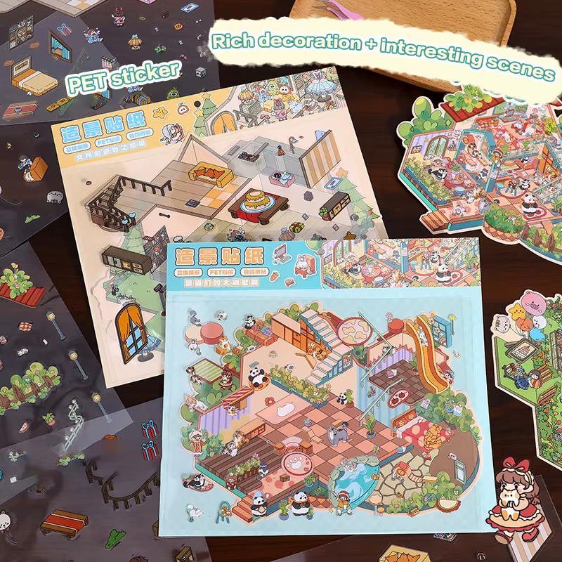 Pegatinas de manual DIY para paisajismo tridimensional creativo de dibujos animados de gran tamaño, pegatinas bonitas para pegar apilamiento de escena de cabina - imagen 3