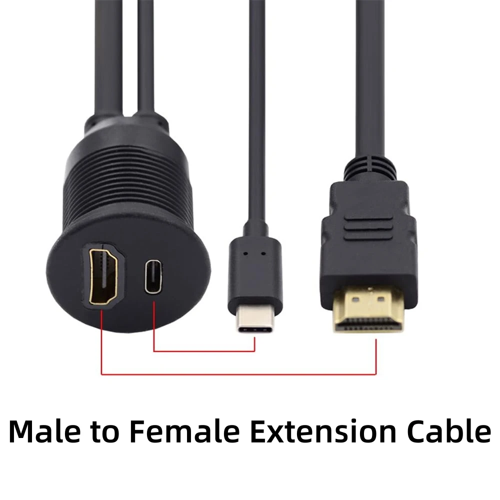 Cable de extensión de datos y vídeo 4K, compatible con USB C 2,0/3,0 y HDMI, para coche, barco, montaje empotrado, tablero, resistente al agua, 1M - imagen 3