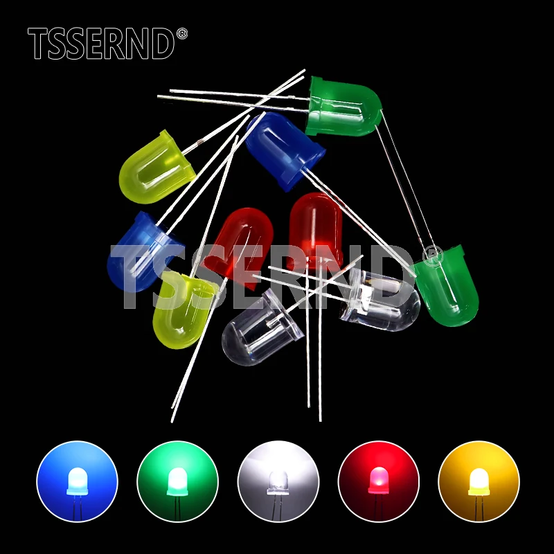 Kit surtido de LED de 10 piezas y 10mm, 5 colores, blanco, rojo, verde, azul, amarillo, bricolaje, F10, 0,75 W, diodo emisor de luz redonda difusa