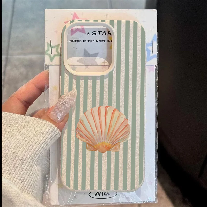 Fundas de teléfono con diseño de rayas de concha fresca para iPhone 16 15 14 13 12 Pro Max 11 16 Plus 16E, funda antideslizante a prueba de golpes con patrón de lichi - imagen 4