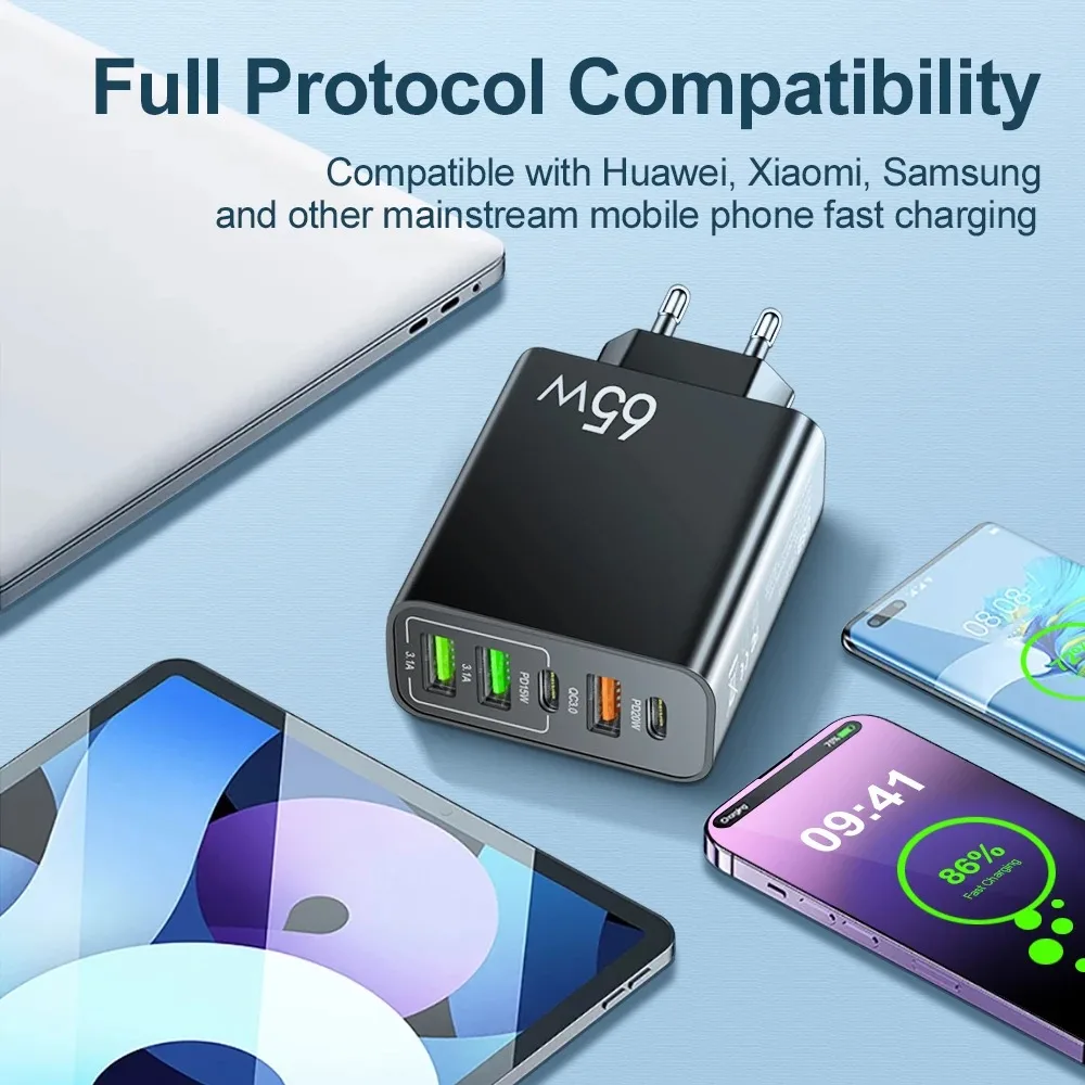 Cargador USB C Total de 65W, adaptador de cargador de teléfono de carga rápida de 5 puertos para iPhone, Samsung, Xiaomi, cargador de pared tipo C de carga rápida - imagen 5