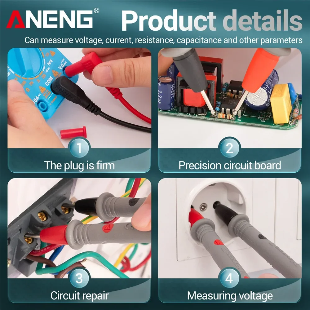 ANENG multímetro Digital pluma de prueba cables de sonda 1000V 10A punta de aguja Universal PT1004B herramientas de soldadura resistentes al calor anti-quemaduras - imagen 4
