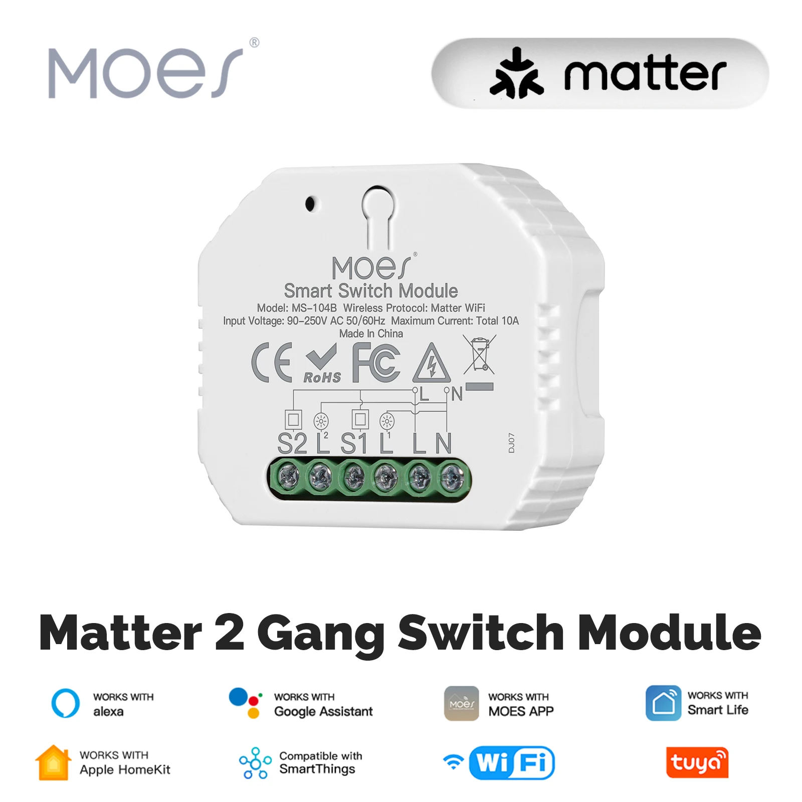 MOES Matter-Módulo de interruptor WiFi Tuya, relé de automatización inteligente de 2 entradas, temporizador, aplicación remota, Control, funciona con Alexa, Google Home, Apple