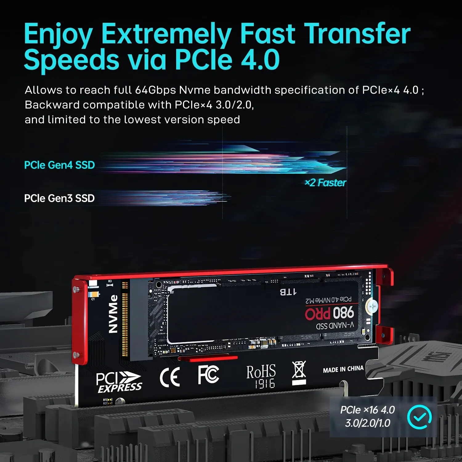 Adaptador JEYI M.2 NVME a PCIE 4,0 X16, tarjeta de expansión PCIe X16 Gen4 con funda de disipador térmico de aluminio, para Samsung 980 PRO, 970 EVO - imagen 3