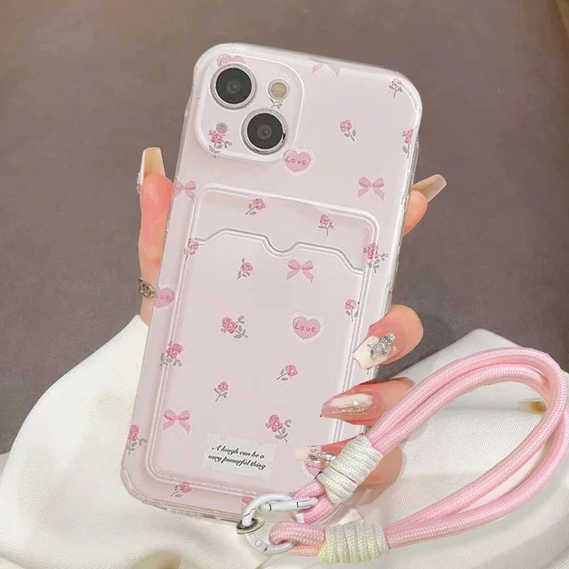 Lindo pequeño flor arco tarjetero cartera mano correa para la muñeca funda para Iphone 13 12 11 Pro Max 13 Mini 6 6S 7 8 Plus SE X XS Max XR