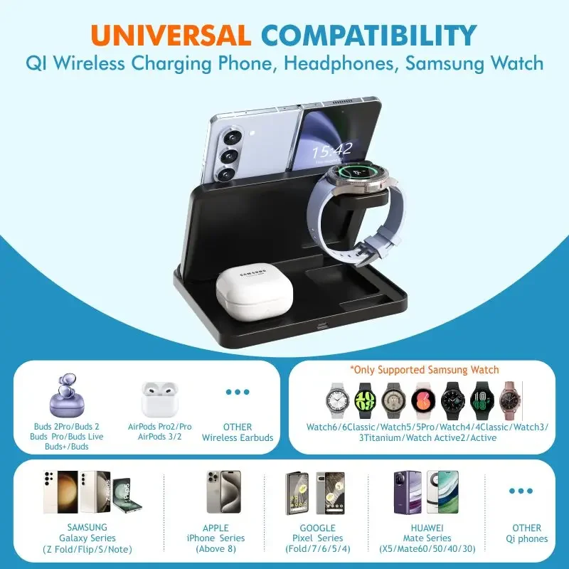 Soporte de cargador inalámbrico 3 en 1 para Samsung Z Fold Zflip5 S24 S23 Ultra Galaxy Watch 6 5 Buds2 estación de carga rápida plegable - imagen 3