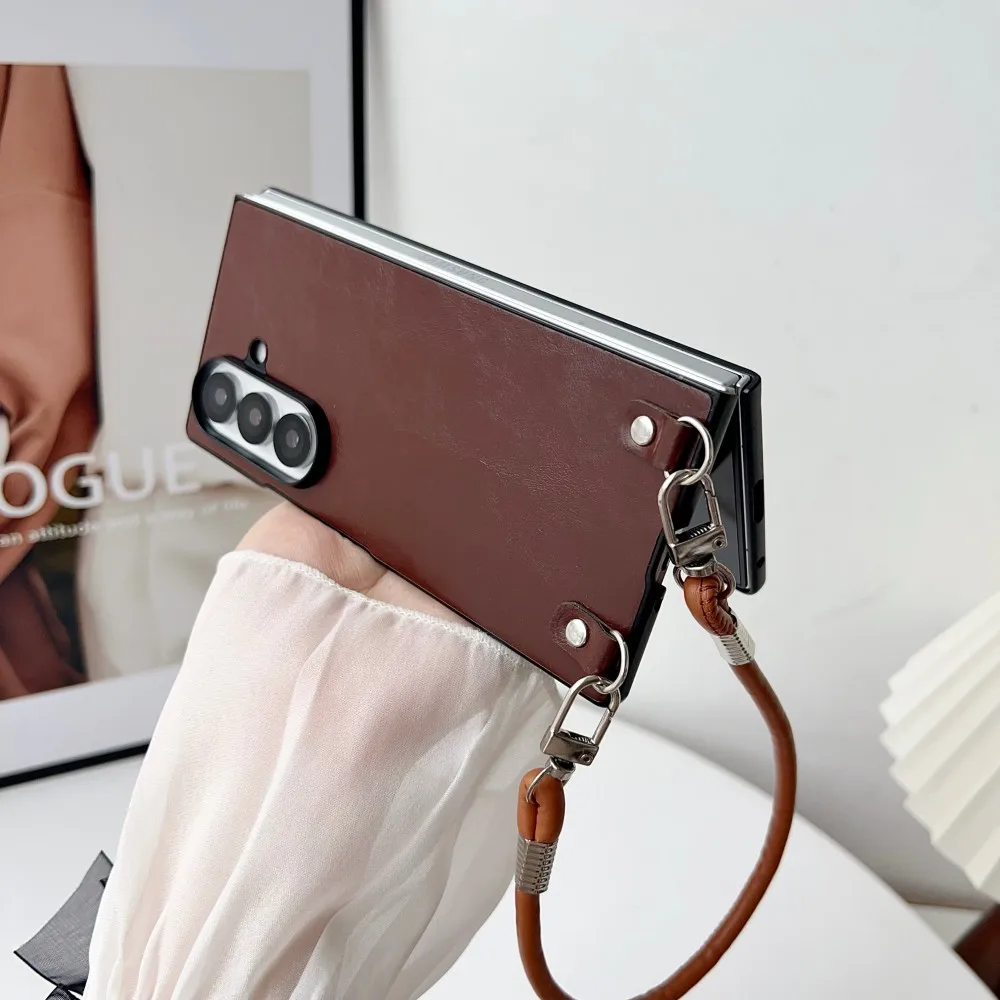 Para Samsung Galaxy Z Fold 7 funda de piel sintética de lujo con cordón funda protectora trasera para Samsung Z Fold7 6 5 4 carcasa de teléfono - imagen 3