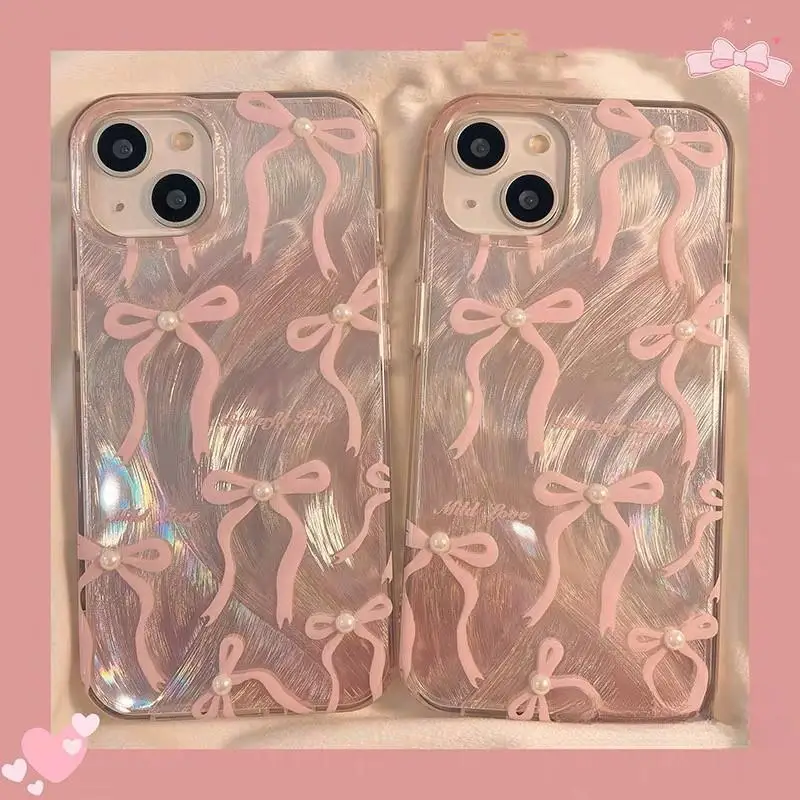 Funda de teléfono con lazo de perla rosa para iPhone 16 Pro Max 15 14 Plus 13 12 Mini 11 Pro X XR 7 8Plus carcasa anticaída a prueba de golpes