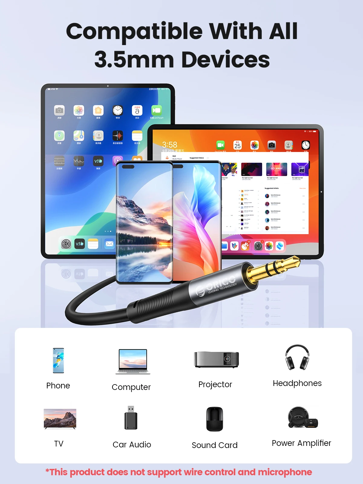 ORICO Cable auxiliar de 3,5 mm Cable de audio macho a macho Sonido Hi-Fi Silicona líquida para auriculares iPhone Altavoz Coche iPad - imagen 5