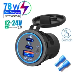 Cargador Coche Dual PD 78W QC3.0 – Toma 12V/24V Impermeable