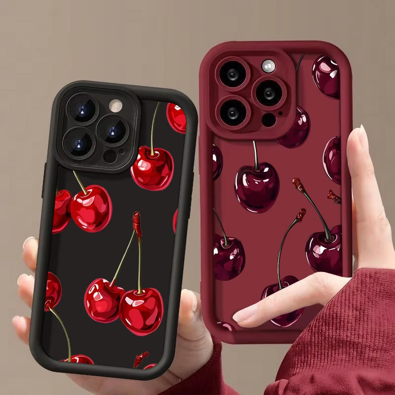 Luxury Wine Red Cherry Print Silicone Soft Phone Case For iPhone 17 16 15 14 13 12 11 Pro Max 17 Air 16E XS X XR 7 8 Plus Cover