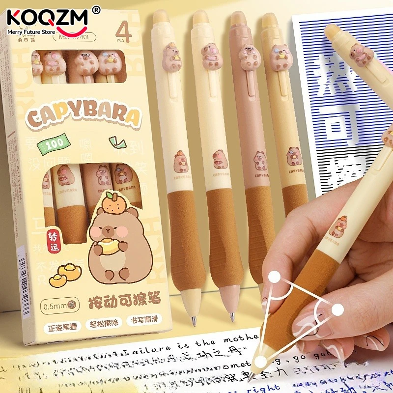 Bolígrafo borrable con dibujos de capibara y Panda, bolígrafos para firma a la moda, bolígrafos neutros de presión creativos, suministros escolares y de oficina, 4 Uds.