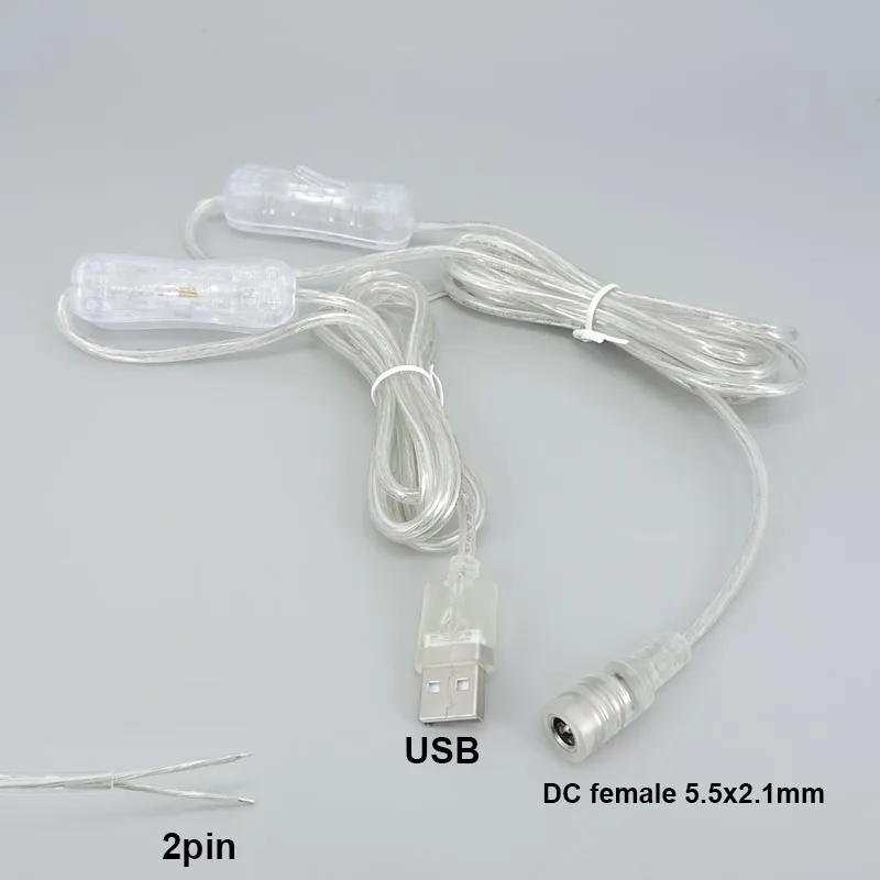 2M 22awg fuente de alimentación transparente USB DC 5-12V Cable macho hembra interruptor conector Cable de extensión para tira de luz LED neón - imagen 2