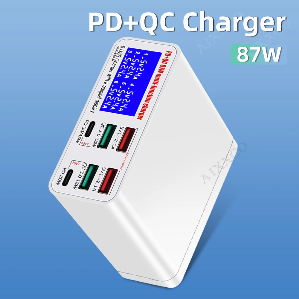 Cargador rápido QC 3,0 de 87W, adaptador de estación de carga USB C, teléfono, tableta, PD, para iPhone, xiaomi, huawei