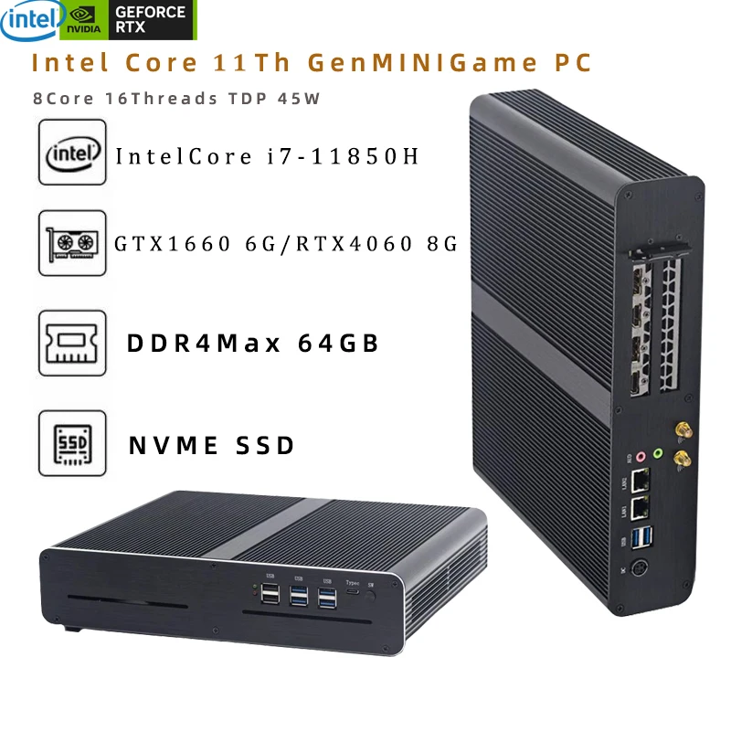 Versión mejorada de 11. a generación MINI PC para juegos Intel Core i7-11800H RTX 3070 8G RTX3060M 12G RTX4060 8G GPU 2 * DDR4 4 salidas de pantalla