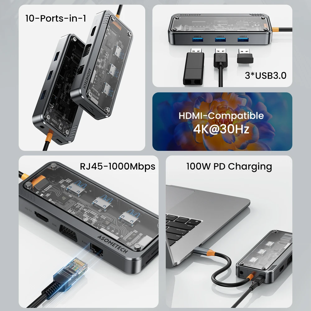 Estación de acoplamiento USB C HUB 10 en 1 tipo C a HDMI compatible con concentrador Usb 3,0 adaptador PD 100W para carga rápida Macbook PC portátil tableta - imagen 2