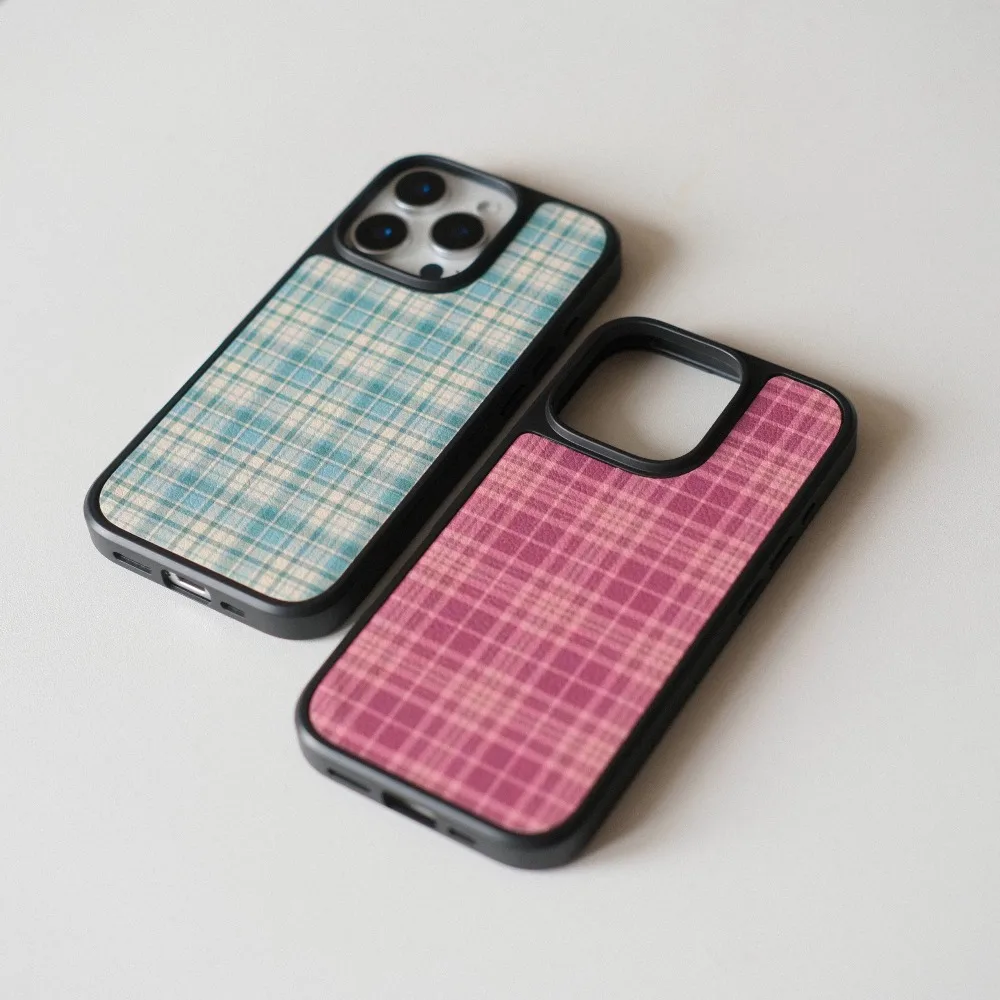 Funda de teléfono con textura de cuero y marco negro a cuadros Retro para iPhone11/12/13/14/15/16/17 Pro Max, patrón de cuadros multicolor - imagen 3