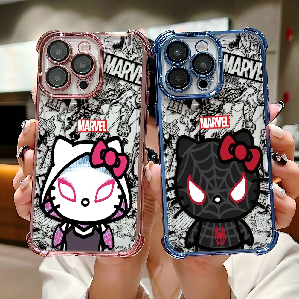 Funda chapada de Anime Marvel Hello Kitty para iPhone 16 15 14 13 12 11 Pro Max X XR XSMax 7 8 Plus, funda trasera anticaída Airabag - imagen 2