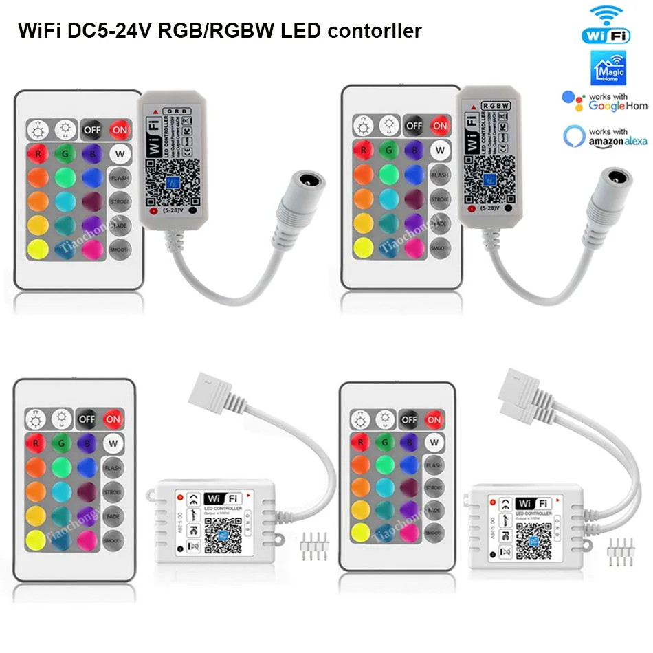 Controlador RF de tira LED RGB WiFi con Control de aplicación de teléfono inteligente de voz remota de 24 teclas para tira de luz LED RGB DC12V-24V 5050 RGBW