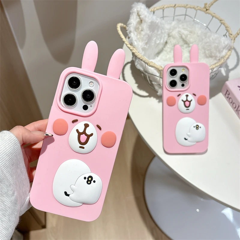 Funda de silicona de conejo rosa de dibujos animados para IPhone 16, 15, 14, 13, Pro Max Plus, 16Pro, 15Pro, IPhone16, ProMax, bonita funda de teléfono Kawaii con animales