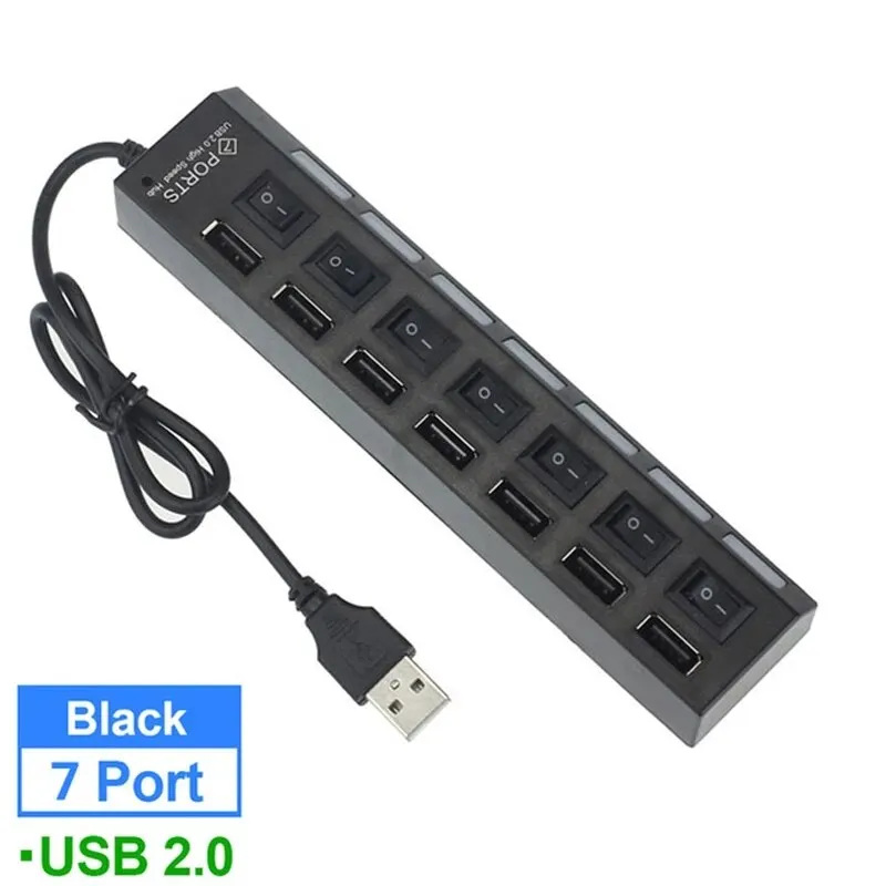 Coolcirc-Hub USB 2,0 de 7 puertos de alta velocidad con interruptor LED y adaptador de corriente, expansor multidivisor para PC/portátil, accesorios para ordenador - imagen 5