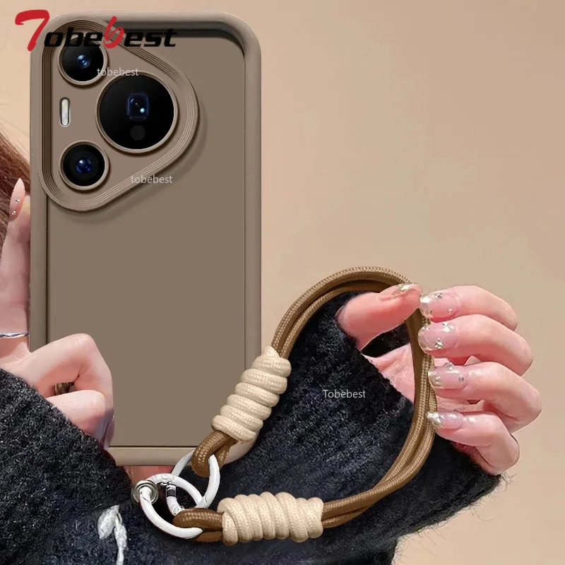 Funda de silicona con correa para muñeca y cordón para Huawei Pura 70 P60 P50 P40 Lite P30 P20 Pro Ultra Fundas, funda trasera suave de color sólido - imagen 2