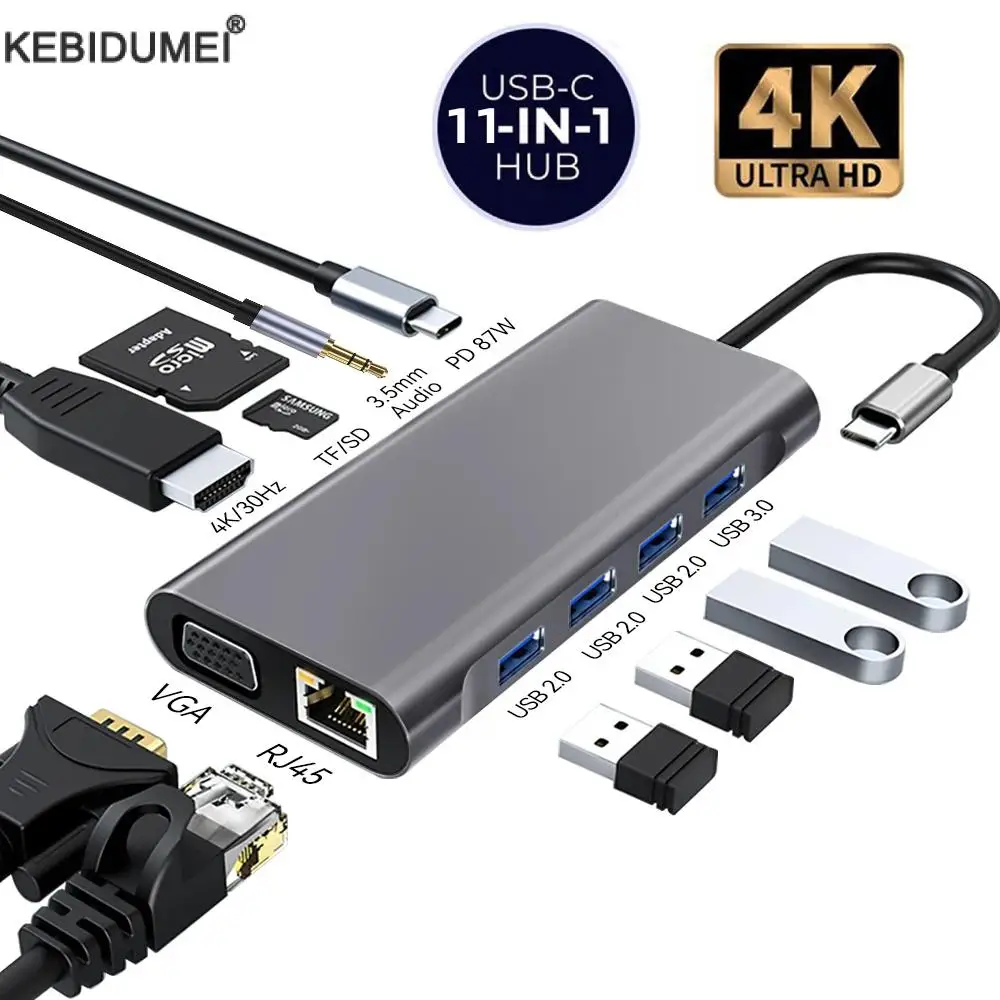 USB C HUB tipo C a RJ45 4K 30Hz HDMI VGA adaptador SD TF USB 3,0 2,0 acoplamiento PD 87W USB C divisor para MacBook Pro Air