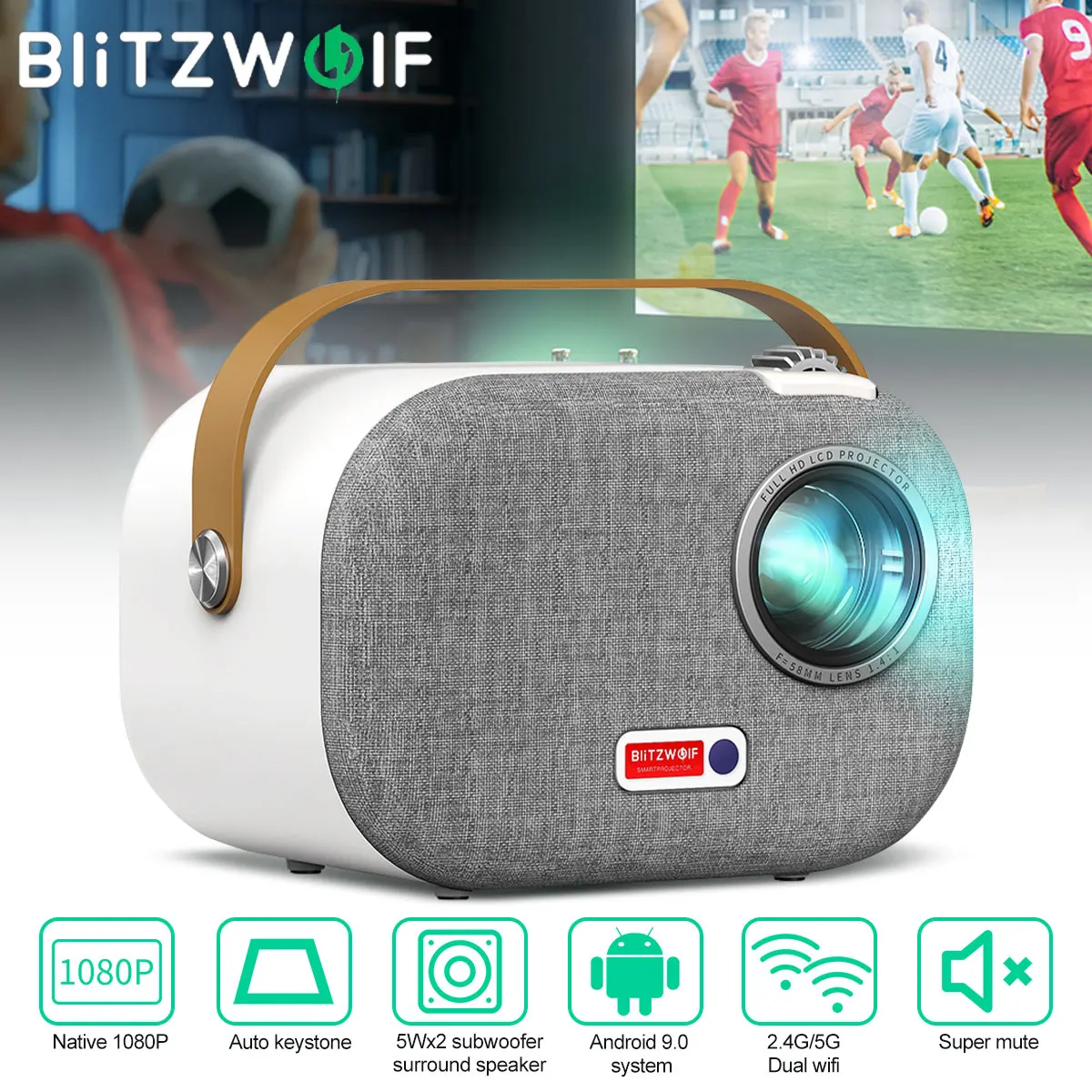 BlitzWolf 2,4G/5G Wifi proyector Full HD 1920x1080P Mini proyector con 2 altavoces 200ANSI Android 9,0 para cine en casa - imagen 2